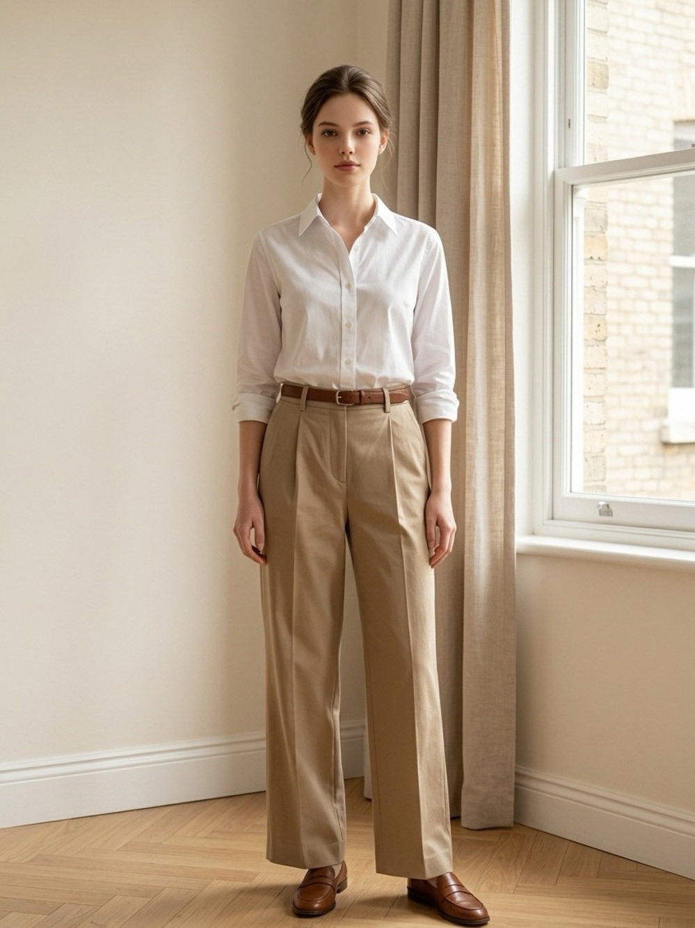 H&M Cotton Classic High-Waist Wide-Leg Women 6 Pleated Career Khaki Color Pants